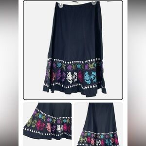 Sunny Leigh Black Skirt Womens Sz 8 Floral Embroidery Cotton